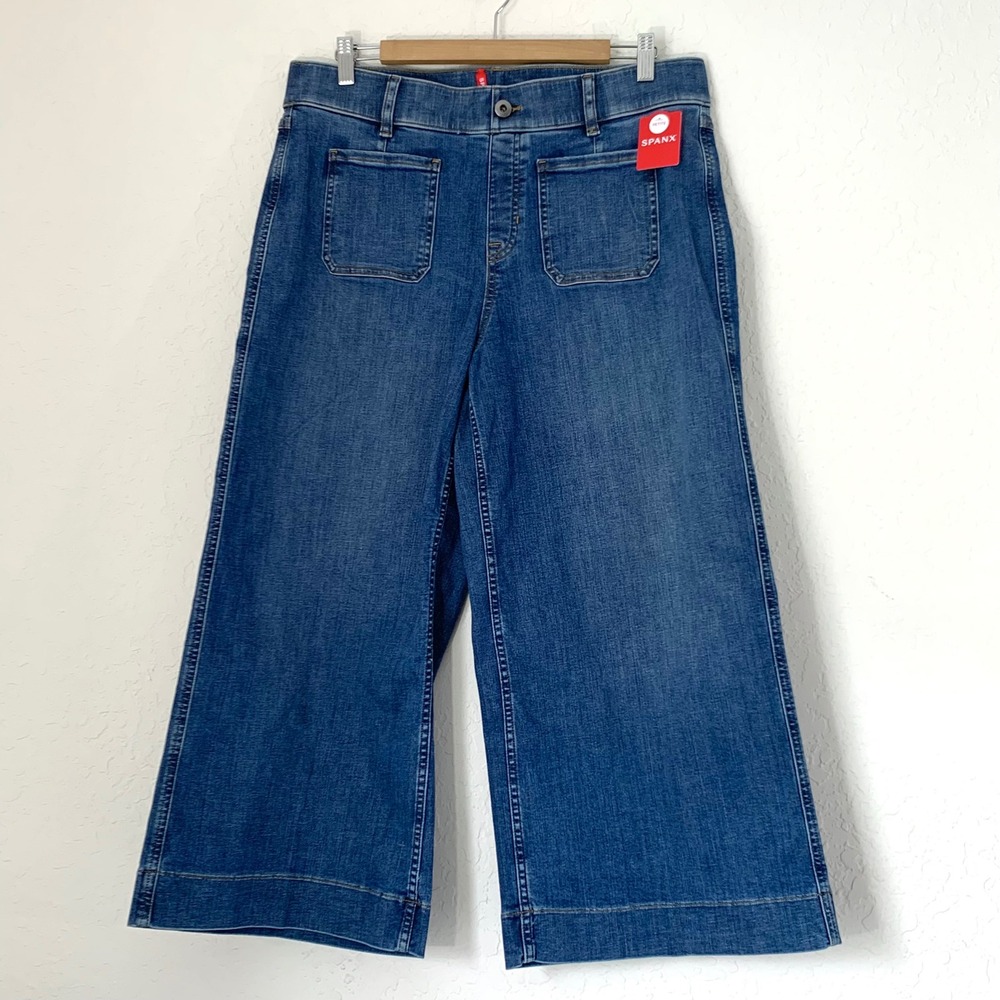 NWT Spanx Cropped Wide Leg Jeans Women XL Petite Blue Patch Pocket High Rise